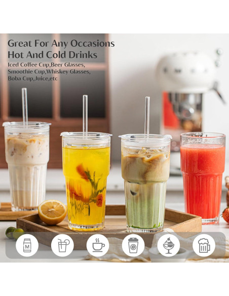 Juego de 2 Vasos de Vidrio INSETLAN 600 ml con Tapas y Pajitas