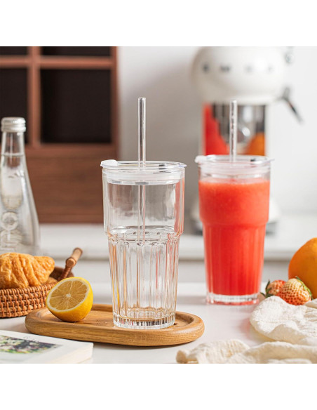 Juego de 2 Vasos de Vidrio INSETLAN 600 ml con Tapas y Pajitas