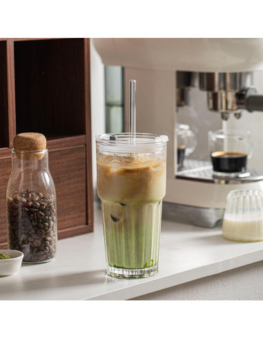 Juego de 2 Vasos de Vidrio INSETLAN 600 ml con Tapas y Pajitas