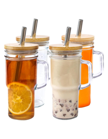Set de 4 Tazas de Vidrio 24oz con Tapas de Bambú y Popotes