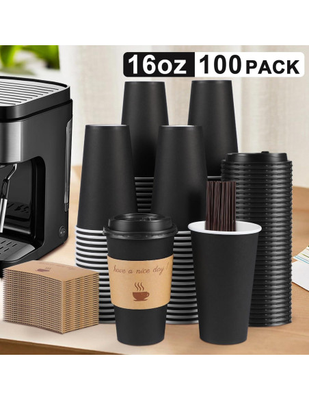 Paquete de 100 tazas de papel desechables 16 oz Clawsoff Negro