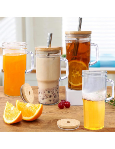Set de 4 Tazas de Vidrio 24oz con Tapas de Bambú y Popotes
