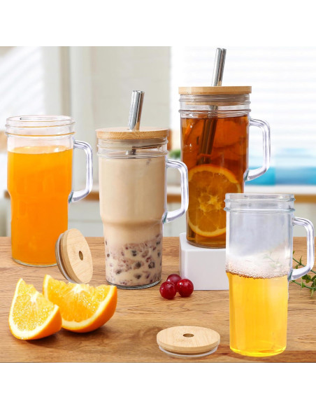 Set de 4 Tazas de Vidrio 24oz con Tapas de Bambú y Popotes