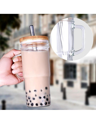 Set de 4 Tazas de Vidrio 24oz con Tapas de Bambú y Popotes