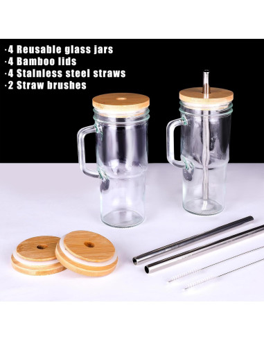 Set de 4 Tazas de Vidrio 24oz con Tapas de Bambú y Popotes