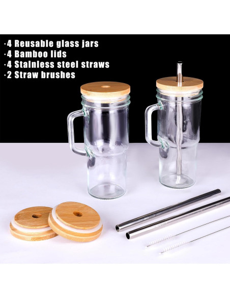 Set de 4 Tazas de Vidrio 24oz con Tapas de Bambú y Popotes