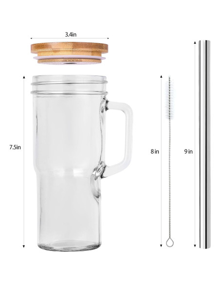 Set de 4 Tazas de Vidrio 24oz con Tapas de Bambú y Popotes