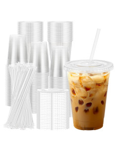 Lamosi 100 Vasos de Plástico Transparentes 0.47 L con Tapas y Pajitas
