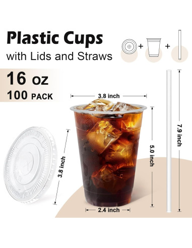 Lamosi 100 Vasos de Plástico Transparentes 0.47 L con Tapas y Pajitas