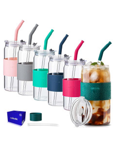 Vasos de Vidrio Reutilizables ColoVie 20oz - 6 Colores con Tapas