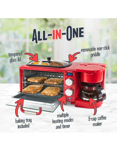 Estación de Desayuno Retro 3-en-1 Nostalgia - 5 Tazas, Horno Tostador