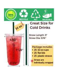 Vasos de Plástico Aatriet 32 oz Transparentes con Tapas y Pajitas - 25 Piezas 2