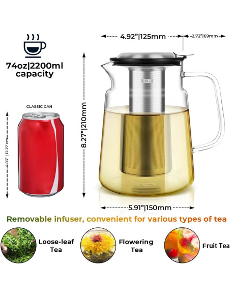 Tetera de Vidrio Aquach 2200ml con Infusor Acero Inoxidable