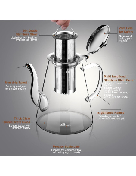 Tetera de Vidrio Borosilicato Zpose 1200ml con Infusor