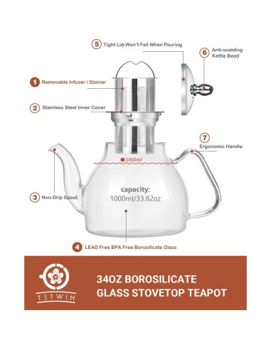 Tetera de Vidrio TETWIN 1000ml con Infusor y 6 Bolas de Té