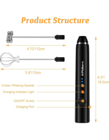 Espumador de Leche Recargable Philorn Negro 1200mAh 3 Velocidades