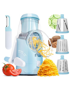 Rallador de Queso Rotativo BASSWOOD Manual con Pelador - 3 Cuchillas de Acero Inoxidable