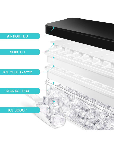 Bandejas de Hielo TECHSHARE con Tapa y Contenedor - 64 Cubos