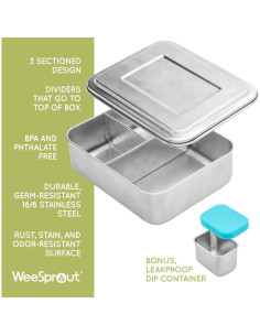 Caja Bento de Acero Inoxidable WeeSprout 3 Compartimentos 530ml 2