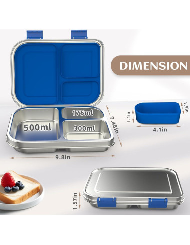 Caja Bento Acero Inoxidable BABHAMNESS 900ml 3 Compartimentos Azul