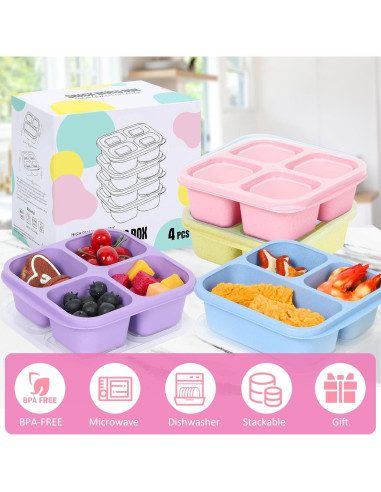 Caja Bento Reutilizable AWTBDP, 4 Contenedores 3 y 4 Compartimentos