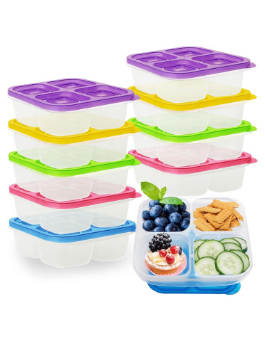 10 Cajas de Snack Multicolores 4 Compartimentos Reutilizables