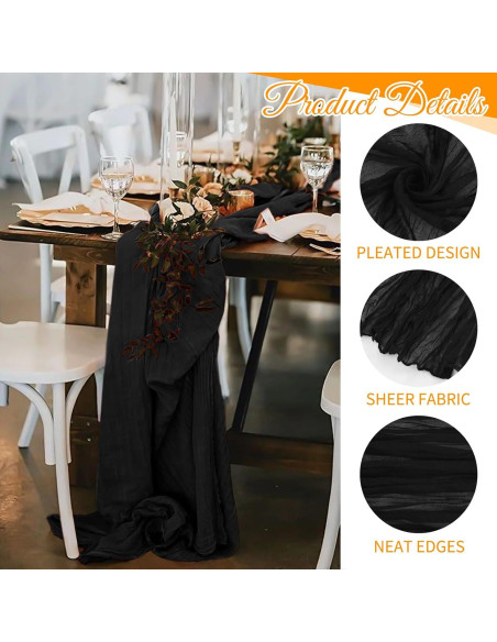 Paquete de 10 Caminos de Mesa de Gasa Negra 43x274 cm para Bodas