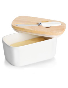 Plato de Mantequilla GDCZ Cerámico con Tapa de Madera 650ml