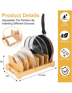 Organizador de Tapas de Olla YEZHEXI de Bambú 39x20x12 cm 2