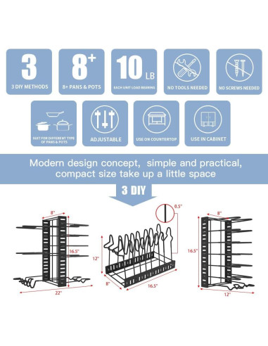 Organizador de Ollas y Sartenes Felibeaco Ajustable 8 Niveles Negro