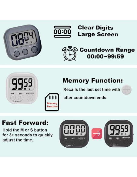 Temporizador Digital de Cocina 6 Paquetes Tick Tock 100dB