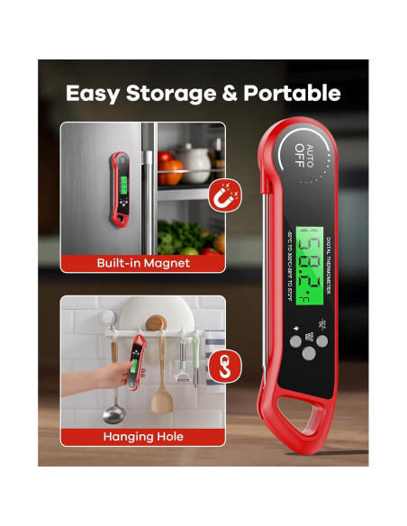 Termómetro Digital de Carne SILVLF Rojo, Lectura Instantánea, IPX7