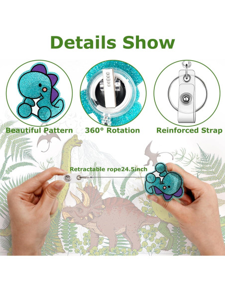 Reel de Insignia Retráctil HLQHXWHZT - Dinosaurio Ctue - 3 Piezas