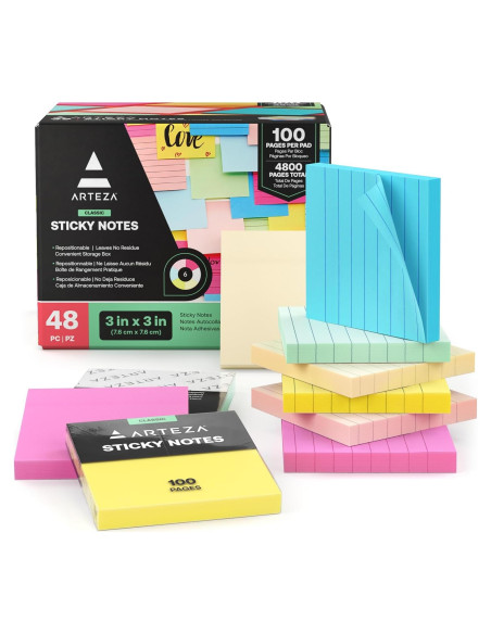 Notas Adhesivas ARTEZA 48 Piezas 7.62x7.62 cm Multicolores Notas Adhesivas ARTEZA 48 Piezas 7.62x7.62 cm Multicolores