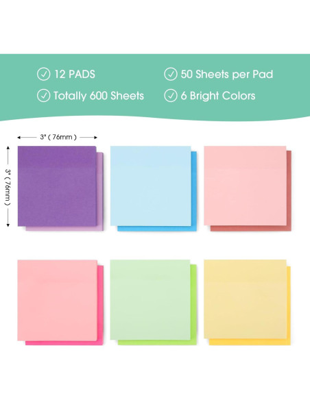 Notas Adhesivas YISAN 7.62x7.62 cm 12 Blocs 600 Hojas Colores Notas Adhesivas YISAN 7.62x7.62 cm 12 Blocs 600 Hojas Colores
