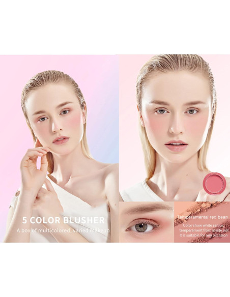 Paleta de Rubor Facial UCANBE 5 Colores Mate 40g con Brocha