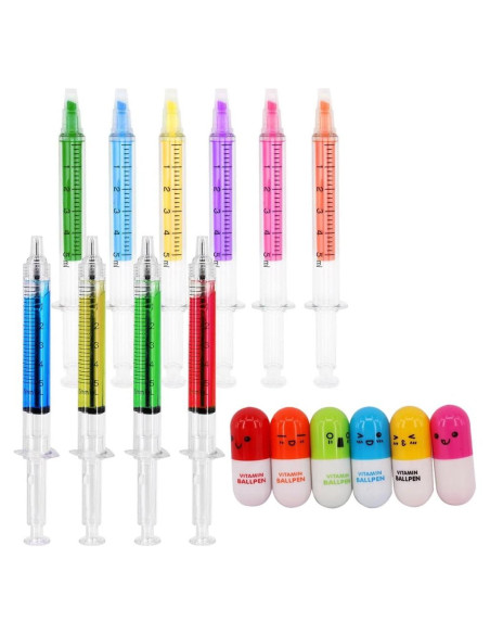 Set 16 Bolígrafos Jeringa y Pastilla SunAngel - Fluorescentes