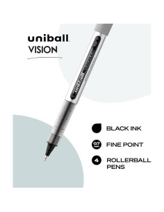 Bolígrafos uni-ball Vision Stick Roller Ball 0.7mm Tinta Negra - 4 Unidades 2
