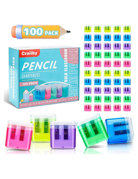 Paquete de 100 Sacapuntas Craiiby Doble Agujero Multicolor