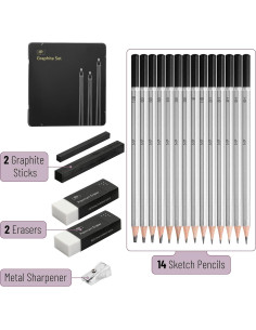 Lápices de Dibujo Mr. Pen 19 Pcs con Borradores y Sacapuntas 2