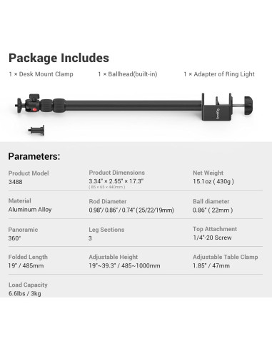 Soporte de Mesa para Cámara SmallRig 3488-SS Ajustable 48.5-100 cm