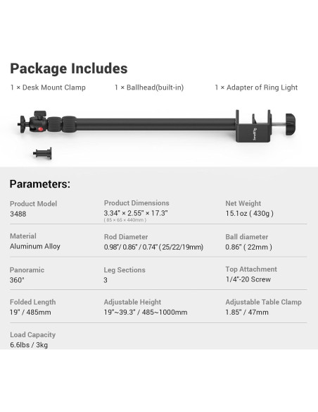Soporte de Mesa para Cámara SmallRig 3488-SS Ajustable 48.5-100 cm