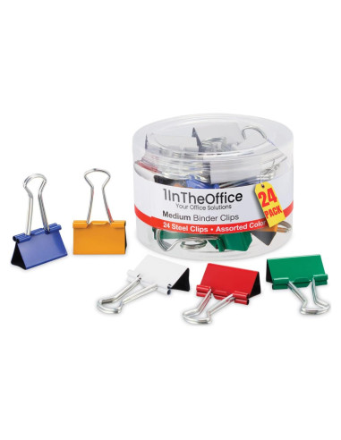 Clip de carpeta mediano 1EnLaOficina, acero templado, colores surtidos, paquete de 24