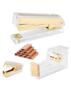 Juego de Grapadora Acrílica Dorada Geila con 1000 Grapas