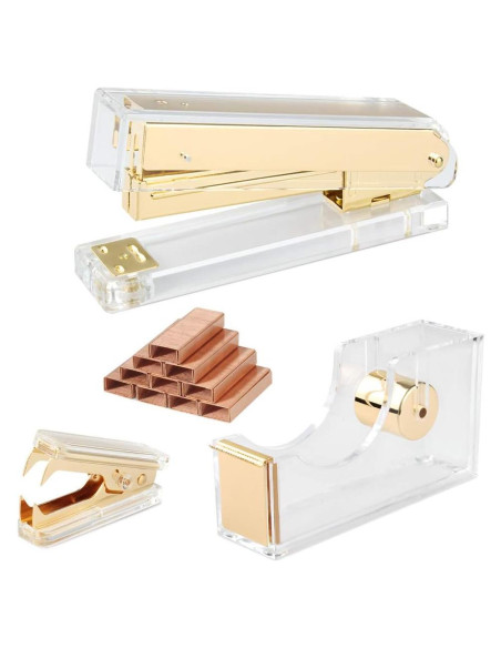 Juego de Grapadora Acrílica Dorada Geila con 1000 Grapas