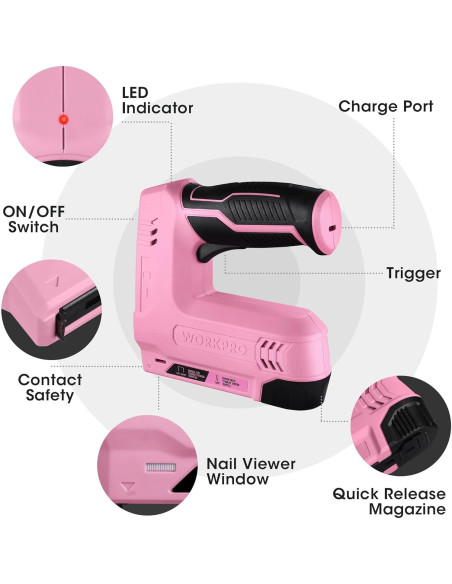 Pistola de Grapas Eléctrica WORKPRO 3.6V Rosa 2000 Grapas