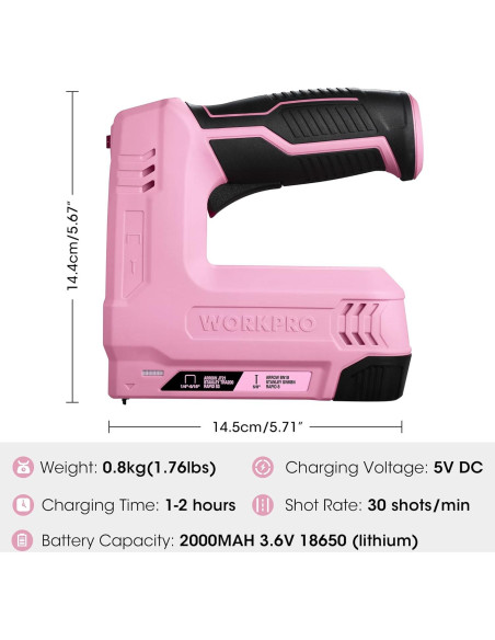 Pistola de Grapas Eléctrica WORKPRO 3.6V Rosa 2000 Grapas