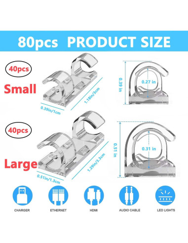 80 Clips Adhesivos para Cables JinRui-T, 40 Pequeños y 40 Grandes
