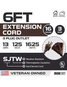 Cable de Extensión Exterior Marrón 6FT Iron Forge 3 Salidas 16AWG 2