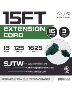 Cable de Extensión Exterior Iron Forge 15 Pies Verde 16/3 2